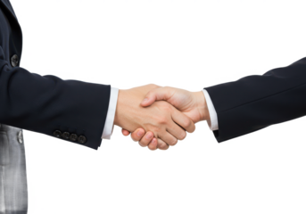 Two hands in a firm handshake, both wearing formal suits, isolated on a white background