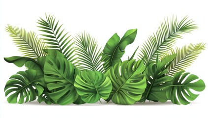 Lush green tropical foliage arrangement with monstera, palm, and banana leaves isolated on white background.