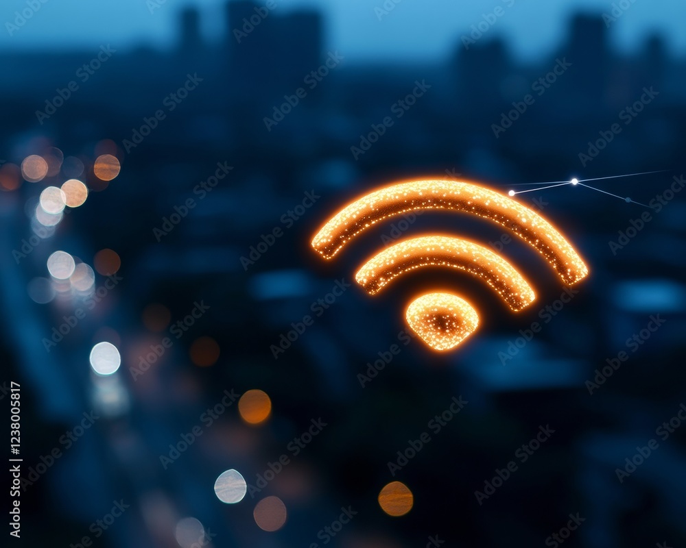 Poster dynamic urban connectivity illuminated wi-fi icon over cityscape - smart city iot visualization for 