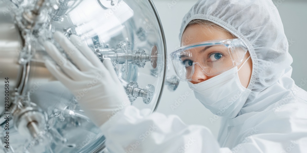 Poster futuristic laboratory innovation scientist in protective gear examining high-tech machinery - advanc