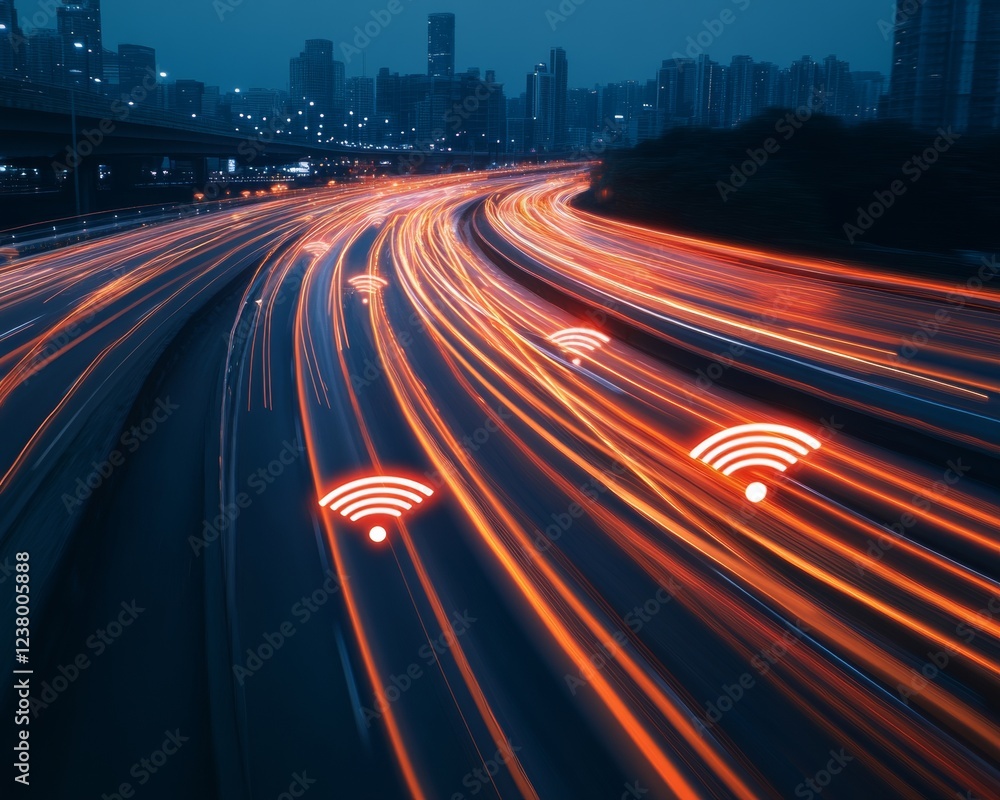 Poster Futuristic Cityscape with IoT Connectivity Wireless Network Nodes and Dynamic Light Trails - Enhancing Smart Infrastructure and Urban Efficiency for Digital Cities