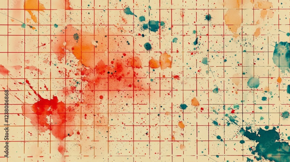 Poster abstract grid surface with watercolor splatters, scientific network background with lattice structur