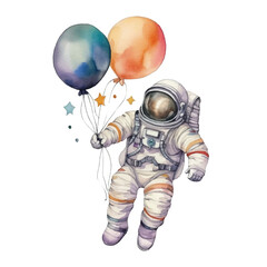 watercolors Astronaut floating with balloons illustration 
