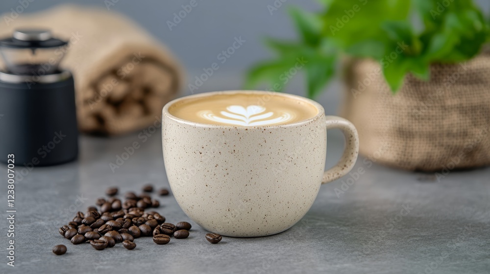 Poster elegant espresso cup with a tulip latte art pattern on a terrazzo countertop surrounded by a grinder