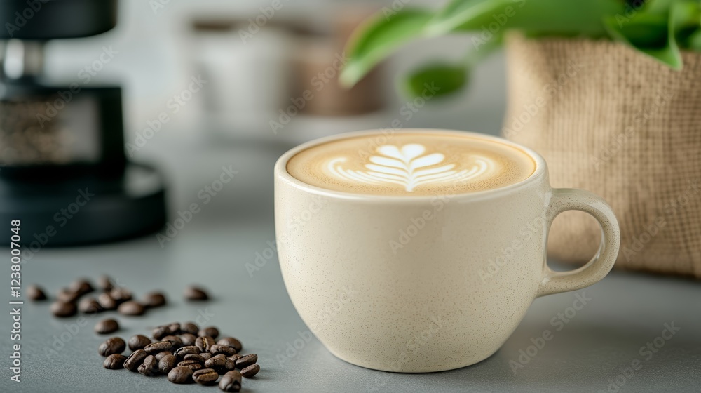Poster elegant espresso cup with a tulip latte art pattern on a terrazzo countertop surrounded by a grinder