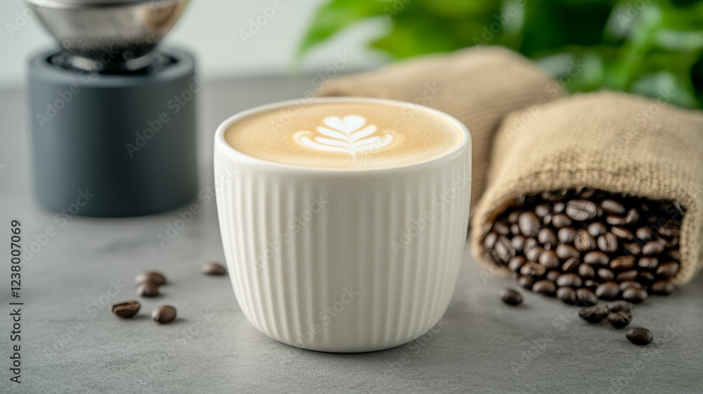 Poster elegant espresso cup with a tulip latte art pattern on a terrazzo countertop surrounded by a grinder