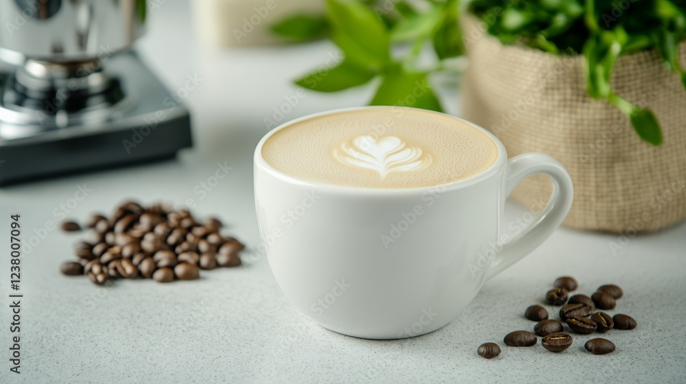 Poster elegant espresso cup with a tulip latte art pattern on a terrazzo countertop surrounded by a grinder
