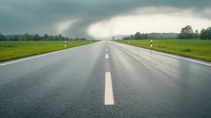 Fototapeta premium Elegant Empty highway leading toward a massive tornado in the distance with road signs bending in the wind and rain starting to fall 
