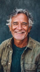 A poised elderly man with thick, wavy hair beams with happiness, radiating warmth and wisdom. He stands against a softly blurred background, basking in gentle natural light