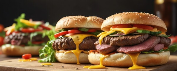 Juicy beef patty on a toasted bun with melted cheese and fresh veggies, produce, meat, plate