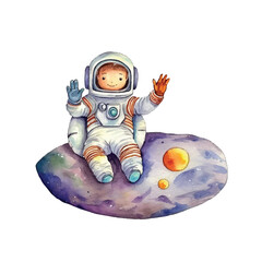 watercolors Astronaut sitting on planet illustration 