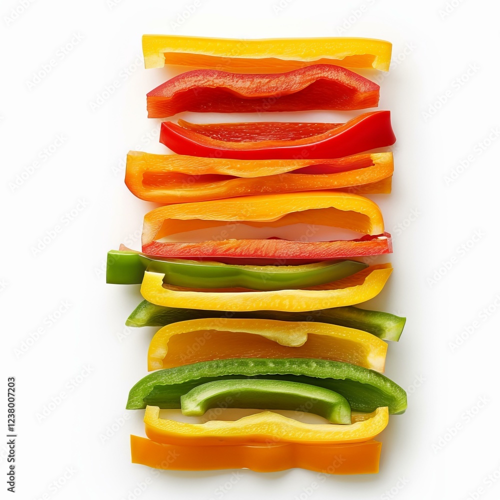 Aufkleber sliced bell peppers of various colors arranged on a white background, creating a visually appealing 