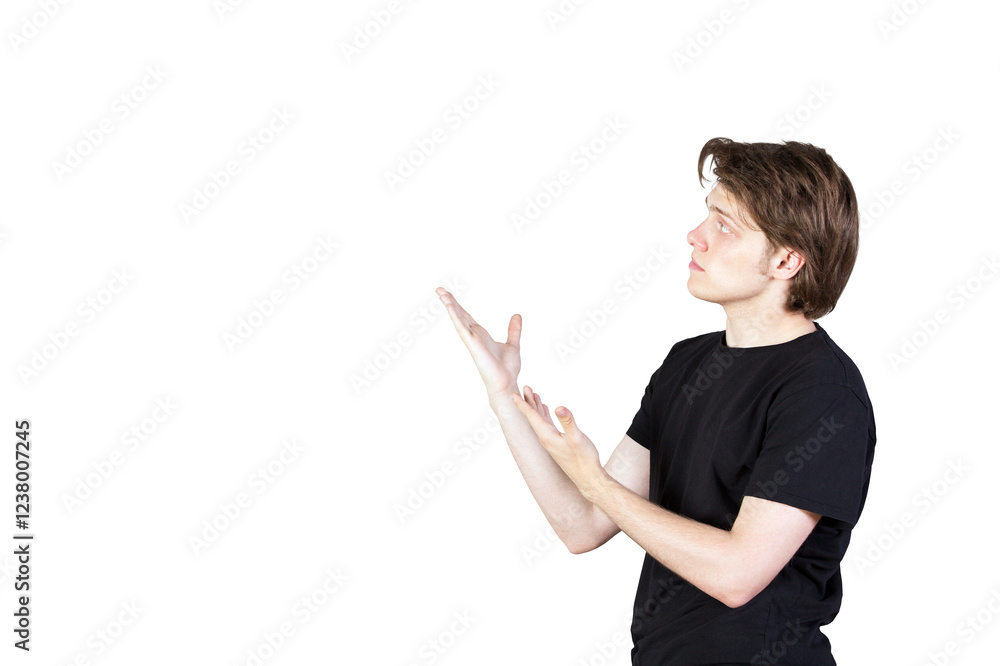 Aufkleber man inshirt gesturing with open hands, isolated on a clean white background. concept of presentation