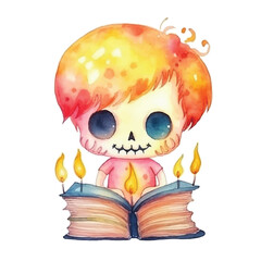 watercolors Cute skull with fire illustration 