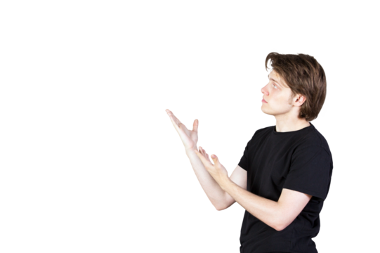 Man inshirt gesturing with open hands, isolated on a clean white background. Concept of presentation, explanation, or showcasing