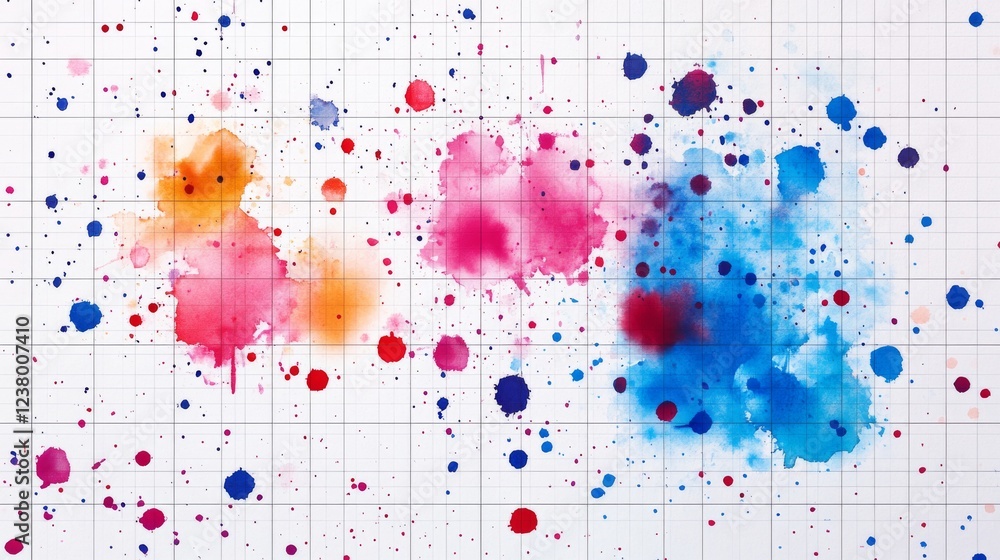 Poster abstract grid surface with watercolor splatters, scientific network background with lattice structur