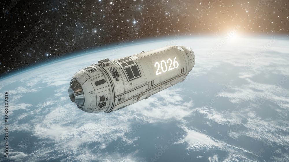 Poster elegant futuristic space station orbiting earth with the figures 2026 displayed in holographic text 
