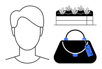 Human head profile, potted plants in a rectangular container, and handbag with price tag. Ideal for fashion, personal identity, eco-friendly concepts, retail, portraiture, minimalism simplicity