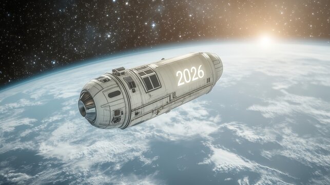 Elegant Futuristic space station orbiting Earth with the figures 2026 displayed in holographic text against a starry outer space background 