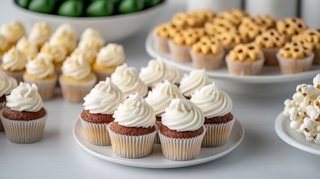 Elegant Gameday snack table loaded with popcorn pretzels candy and mini cupcakes decorated with football shaped icing toppers 
