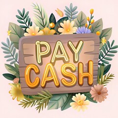 Floral Cash Sign: A charming wooden sign with a warm, glowing "PAY CASH" message surrounded by vibrant flowers, inviting a sense of nostalgia and old-fashioned charm. 