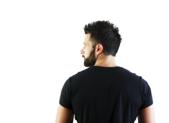 Back view of a man with short hair and a beard, wearing at-shirt, isolated on a clean white background. Concept of casual fashion