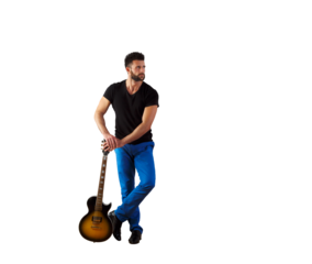 Man in casual outfit standing with an electric guitar, isolated on white background. Clean and minimal layout, perfect for design templates