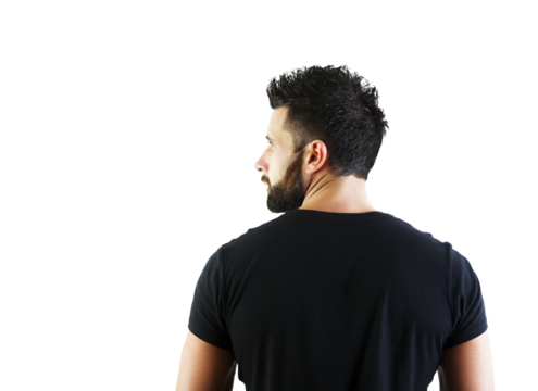 Back view of a man with short hair and a beard, wearing at-shirt, isolated on a clean white background. Concept of casual fashion