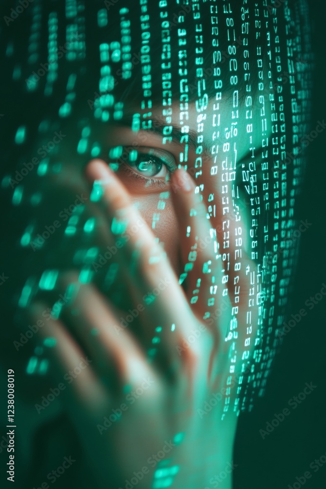 Aufkleber cyber aesthetic portrait futuristic holographic code overlay on female face - interactive tech art a