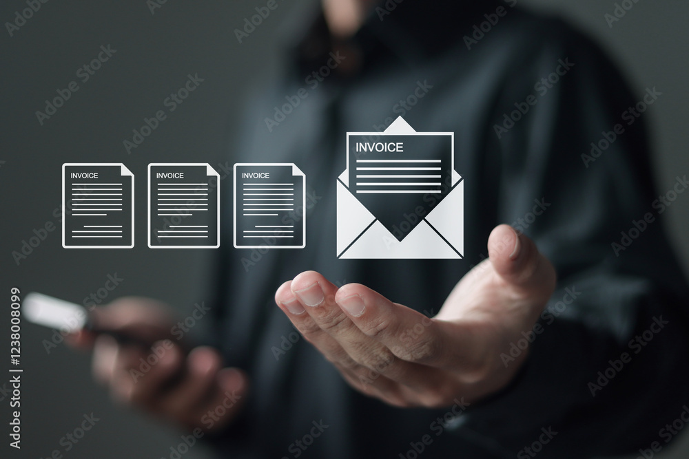 Poster e-invoice and online digital statements by email. businessman shows email invoice document icon on v