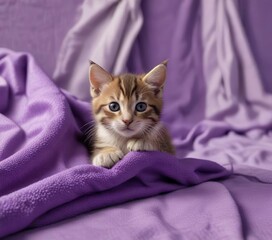 Kitten's paw is placed gently on a plush purple couch cushion with a soft blanket nearby, sofa, couch, fur