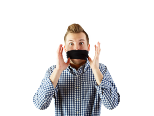 Man in checkered shirt withtape on mouth, isolated on white background, expressing shock or surprise. Concept of censorship or silence
