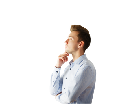 Young man in a blue striped shirt, posing thoughtfully with hand on chin, on a white background. Concept of thinking, decision-making, and ideas