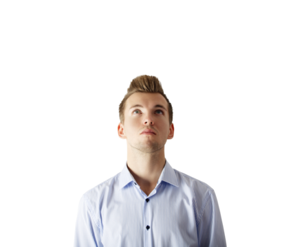 Portrait of a young man in a blue striped shirt looking upward, isolated on a clean white background. Concept of curiosity or contemplation - Powered by Adobe