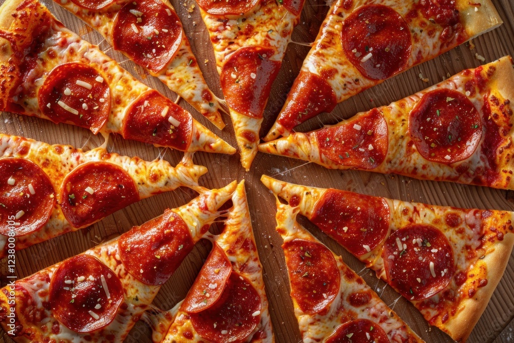 Poster overhead shot of pepperoni pizza slices arranged in a circle on a wooden table, creating a visually 
