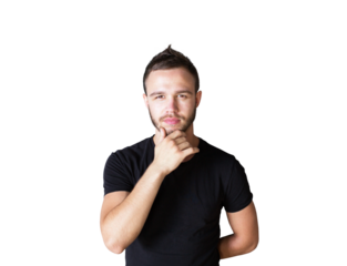 Young man inshirt touching his chin, posing thoughtfully. Isolated on white background. Closeup of casual male portrait. Concept of pondering