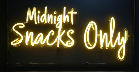 Neon sign displaying Midnight Snacks Only glowing softly in warm yellow, set against a dark background, creating a cozy and inviting ambiance with a fun and playful vibe