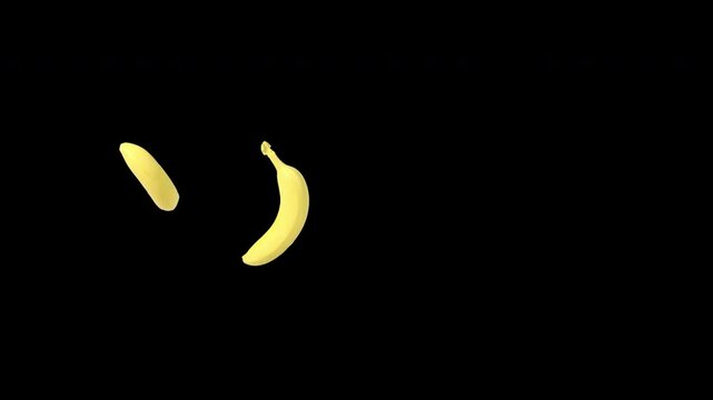 Two bananas enter from the right side of the screen, rotate, and exit to the left side of the screen. This is a frontal shot of an actual banana using stop motion, so it has an alpha value, making it 