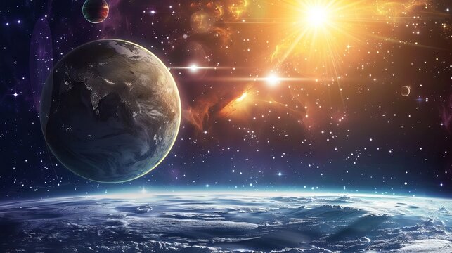 Stunning lunar eclipse in space featuring the moon, earth, and radiant sun in a panoramic cosmic view