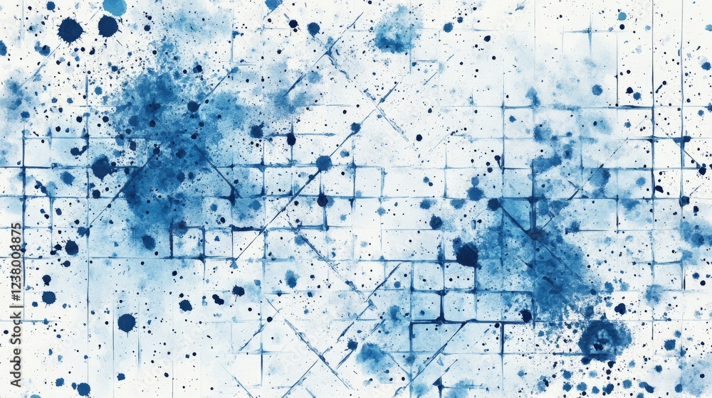 Poster abstract grid surface with watercolor splatters, scientific network background with lattice structur