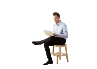 Man in a blue shirt andpants sitting on a wooden stool with a laptop, isolated on white background. Concept of work, business, or remote job