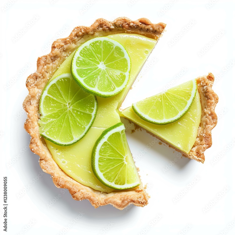Poster key lime pie tart is garnished with slices of key lime showing the zest on a white background