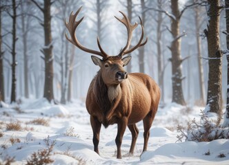 Fototapeta premium Large brown reindeer with impressive antlers in snow-covered woodland, frost, majestic creature, cold weather