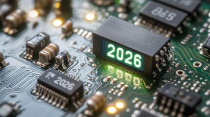 Elegant Modern figures 2026 typography embedded in a digital circuit board design glowing with vibrant green and blue LED style lighting 