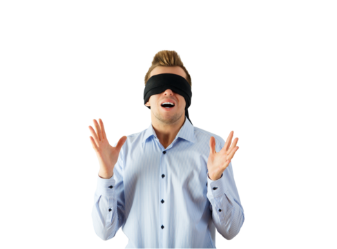 Man in striped shirt wearing a blindfold, raising his hands with an expressive gesture, isolated on a clean white background, concept of mystery