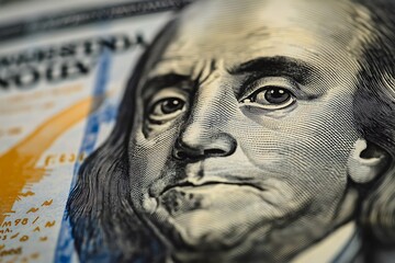 Closeup Benjamin Franklin face on USD banknote