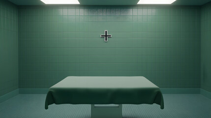 Modern surgery room equipped with advanced medical equipment, sterile environment, operating table, and bright lighting for precise medical procedures.

