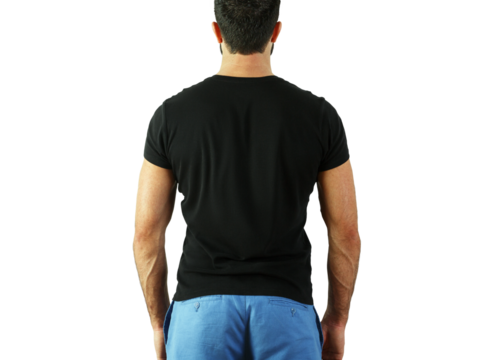 Back view of a man wearing a plaint-shirt and blue shorts, standing against a white background. Apparel presentation or design concept