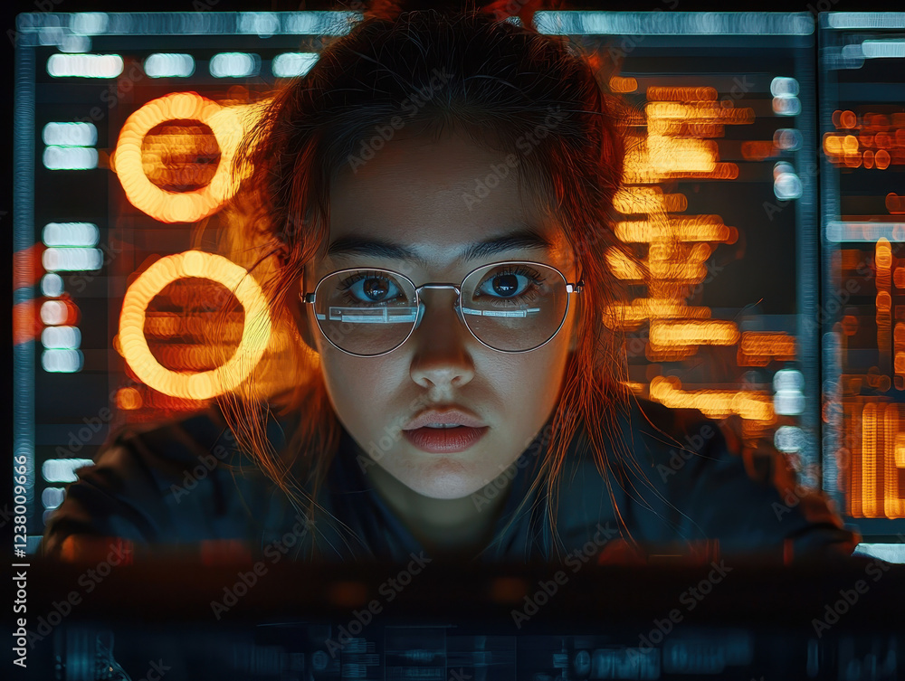Poster close-up of a female cybersecurity analyst examining live threat data in a high-tech workspace with 