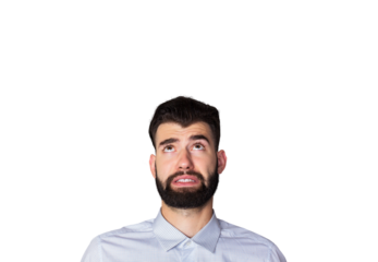 A man with a beard and short hair wearing a light-colored shirt, looking upward with a worried or uncertain expression, isolated on white background